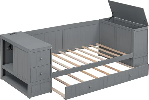 Vista 6 de SOFTSEA Sofá cama de tamaño individual con nido, cajones y puertos USB, sofá cama de madera maciza con estantería de almacenamiento, multifuncional