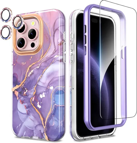 Vista 11 de SHEDEER Funda para iPhone 15 Pro con protector de cámara con purpurina y protector de pantalla, patrón elegante y antiamarillamiento, protección
