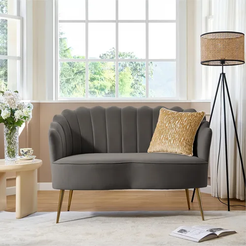 Vista 23 de HULALA HOME Silla decorativa moderna de terciopelo con respaldo en forma de concha, bonito sillón para sala de estar, dormitorio con patas doradas