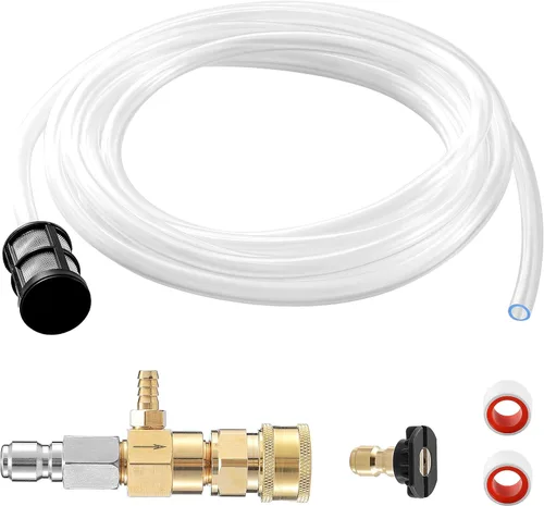 Vista 8 de JOEJET Inyector aguas abajo para lavadora a presión, kit de inyector químico fijo con conexión rápida de 3/8 pulgadas, manguera de sifón de 10 pies