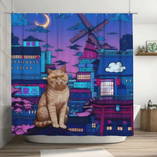 Vista 9 de Cortina de ducha de gato japonés neón de ciudad, impermeable, decoración Cyberpunk de poliéster para niños y adultos, se adapta a bañera, ducha