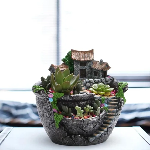 Vista 2 de Maceta creativa para plantas suculentas, maceta con cesta de flores de casa dulce, maceta para decoración de jardín