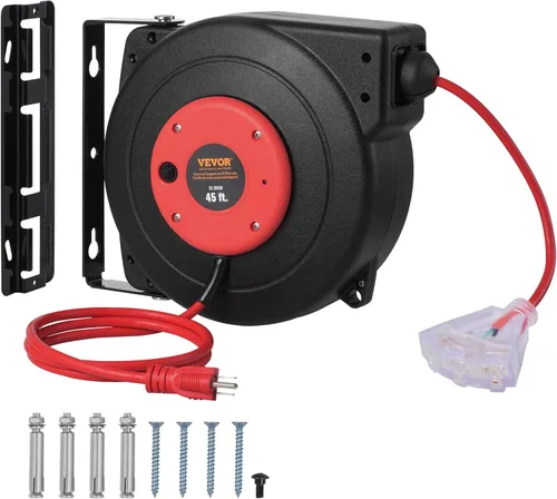 Vista 15 de VEVOR Carrete de cable de extensión retráctil, 30 pies, carrete de cable de alimentación retráctil resistente 16AWG/3C SJTOW con toma triple