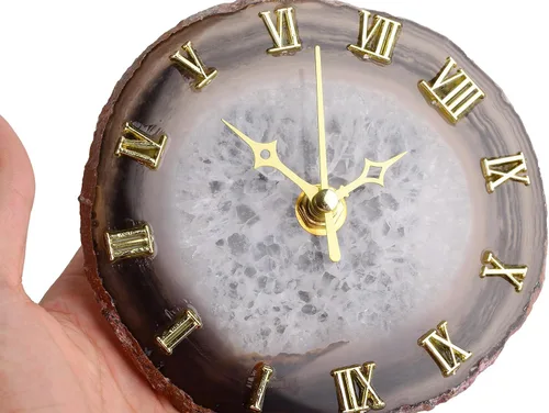 Vista 5 de JIC Gem Reloj de rebanada de ágata natural negro/gris con base, reloj de ágata, reloj decorativo Negro\gris romano