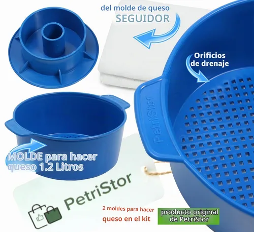 Vista 4 de Kit de fabricación de queso, 2 piezas de molde de queso con pistón seguidor azul y gasa de algodón, cesta para queso, molde para queso
