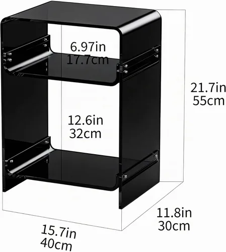 Vista 3 de Mesa de tocadiscos de acrílico con estante de almacenamiento, mesa auxiliar transparente mesita de noche (negro, mediano)