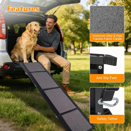 Vista 6 de IUNNDS Dog Ramp for Car 63"x17" Portable Dog Ramps for Large Dogs with Non-Slip Rug Surface for SUV Car & Truck, Outdoor Folding Pet Ramp Up to