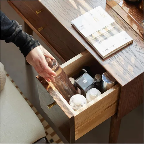 Vista 4 de HIHELO Tocador simple para dormitorio, tocador pequeño, escritorio, juego de taburete de maquillaje de madera con cajón, tocador para tocador