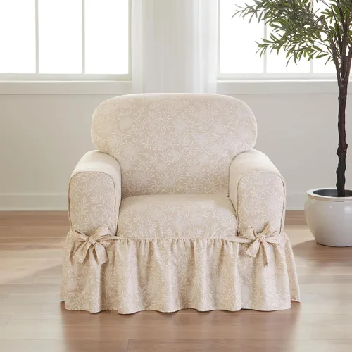 Vista 12 de SureFit Essential - Funda larga para silla de comedor con volantes de sarga con diseño estampado de algodón, falda larga con volantes y pliegues