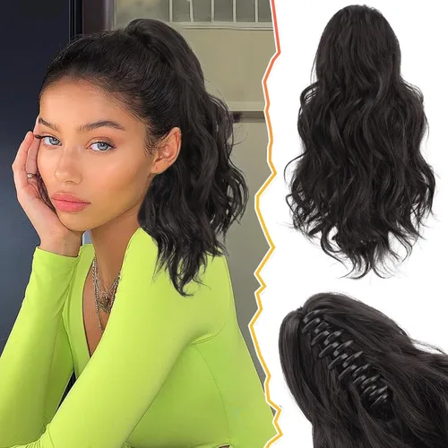 Vista 18 de BARSDAR Extensiones de cola de caballo con clip de garra, extensiones de cabello corto ondulado negro de 14 pulgadas para mujer, extensiones