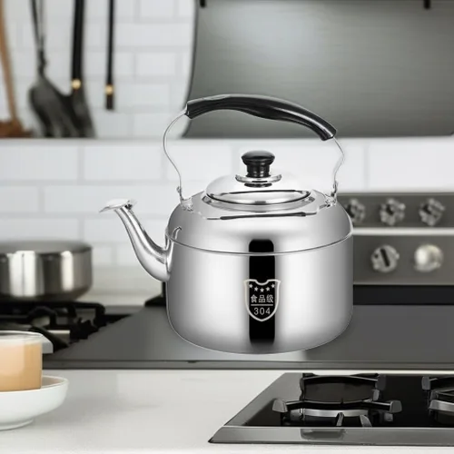 Vista 5 de HEMOTON Hervidor de té para el hogar, tetera silbante, tetera de acero inoxidable, tetera clásica, hervidor de agua con mango frío para estufa, 4 L