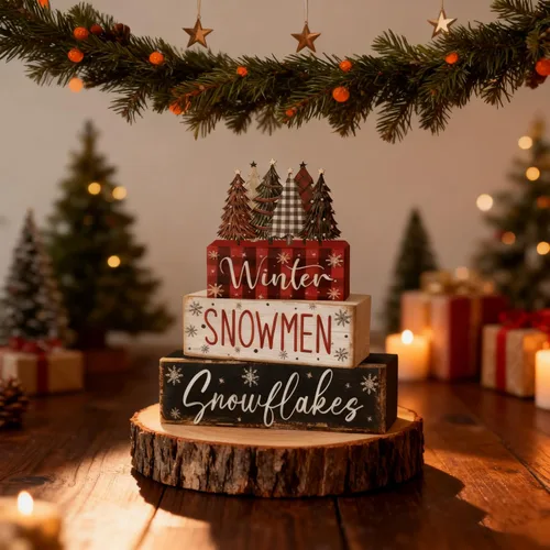Vista 2 de 4 piezas de decoraciones navideñas para interiores - Decoración de mesa de árbol de Navidad de madera para el hogar - Centro de mesa navideño