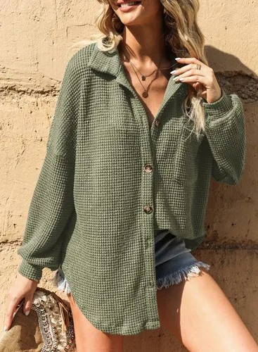 Vista 8 de SHEWIN Women's Waffle Knit Button Down Shirts Casual Long Sleeve Shacket Jacket Boyfriend Tops Blouses Loose Fit