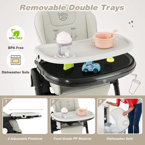 Vista 3 de BABY JOY Silla alta para bebés y niños pequeños, silla alta plegable con respaldo/reposapiés/altura del asiento, bandejas dobles extraíbles, cojín