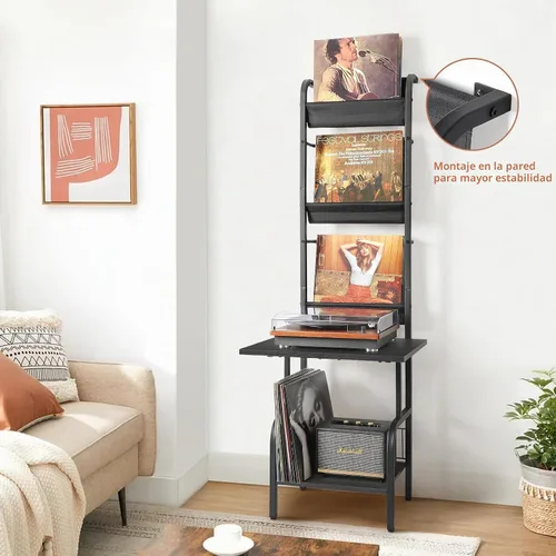 Vista 7 de Soporte para tocadiscos con almacenamiento de vinilos para hasta 200 álbumes, soporte para tocadiscos con estante de exhibición para discos Negro