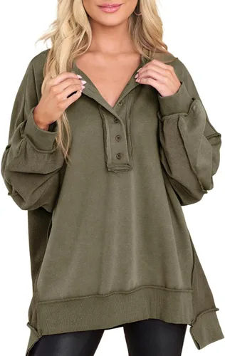 Vista 32 de AlvaQ - Sudadera de gran tamaño para mujer, informal, de manga larga, con botones y cuello Henley, tipo túnica