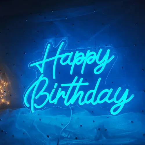 Vista 9 de Letrero de neón de feliz cumpleaños, reutilizable, luz LED azul de neón, decoración de fiesta de cumpleaños, funciona con USB, decorativo para telón