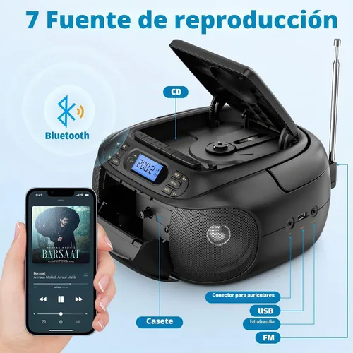Vista 2 de Reproductor de CD y Cinta Combo, Hernpark Boombox Recargable con Bluetooth 5.1, Grabación de Cinta, Radio FM, Super Bass, Sonido Estéreo, Entrada