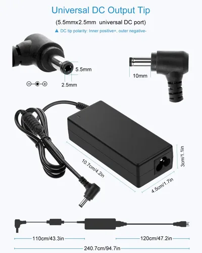 Vista 3 de ALITOVE Adaptador de fuente de alimentación de 19V 3.42A 65W AC/DC Transformador Convertidor 100V ~ 240V Entrada de CA con enchufe de 0.217 inx