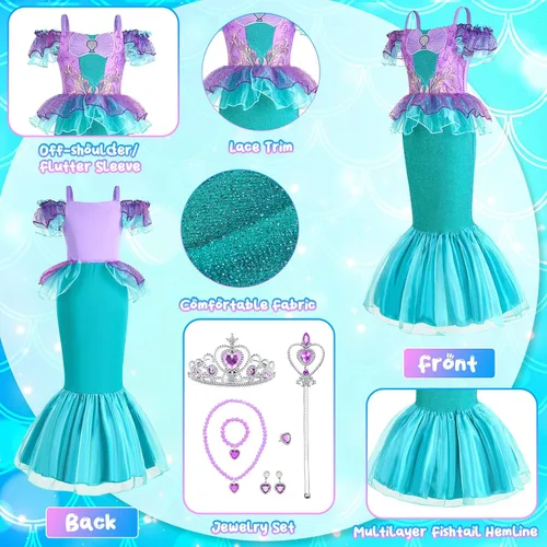 Vista 4 de Disfraz de sirena de princesa de 2 piezas, vestido de fiesta de carnaval, Halloween, cumpleaños, vestido con accesorios