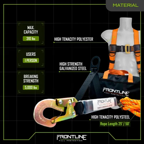 Vista 3 de Kit completo de techadores Frontline Combat con arnés de cuerpo completo Lifeline Combat™ de 50 pies Cumple con OSHA y ANSI