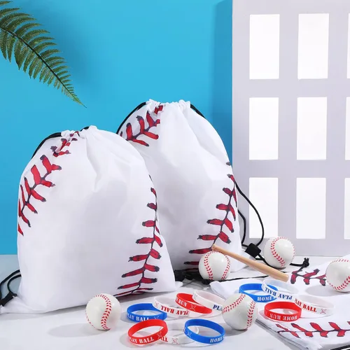Vista 5 de Roowest 24 bolsas de recuerdos de fiesta de béisbol con pulseras con cordón de béisbol, bolsas de regalo para niños, suministros de fiesta