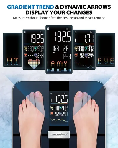 Vista 2 de ABLEGRID Báscula inteligente de grasa corporal, báscula de baño digital recargable para peso corporal, tendencias de gradiente y pantalla de cambio