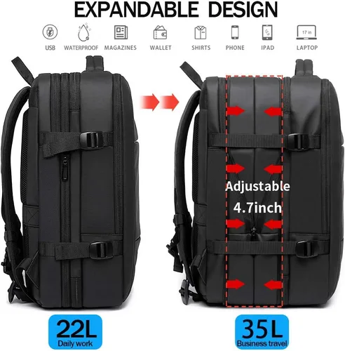 Vista 4 de Mochila de viaje de 35 litros, mochila de mano aprobada para vuelos para bolsa de viaje internacional, resistente al agua, duradera, mochilas