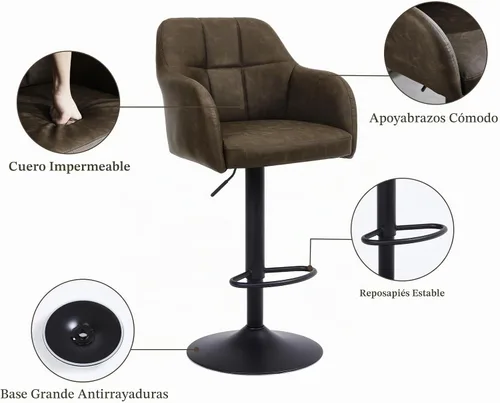 Vista 3 de Moderno juego de 2 taburetes de bar giratorios de piel sintética con apoyabrazos, silla de bar ajustable tapizada con base de metal reposapiés