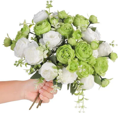 Vista 12 de 2 racimos de flores artificiales de peonía beige, ramo de peonías de seda para bodas, fiestas, centros de mesa, arreglos florales, decoración