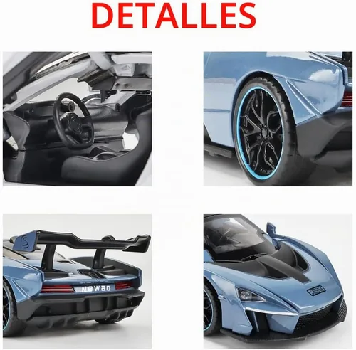 Vista 5 de Vehículo de juguete coleccionable de aleación azul McLaren Senna con retroceso automático, modelo de coche fundido a presión con luces y sonido