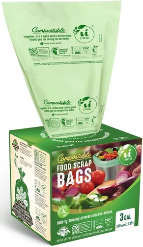Vista 11 de Bolsas de basura compostables UNNI, 2.6 galones / 9.84 litros, 100 unidades, extra gruesas de 0.71 mil, forros para contenedores pequeños de restos