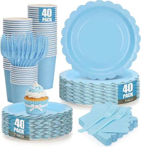 Vista 11 de 200 platos y servilletas de papel marfil, de 9 y 7 pulgadas, platos de fiesta desechables de color crema festoneado, tazas, servilletas, tenedores