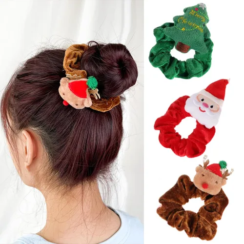 Vista 8 de 3 unidades de coleteros navideños de seda, lazos elásticos navideños con astas de alce navideño, suaves bandas elásticas para el cabello, lazos