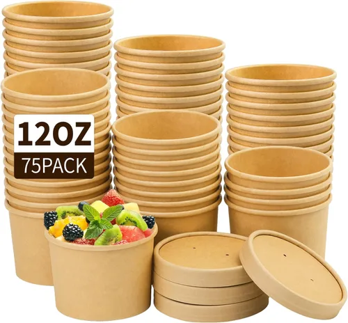 Vista 7 de Wuadua Paquete de 50 recipientes desechables de papel de 8 onzas con tapas, cuencos de sopa para llevar para fideos, ensalada, restaurante