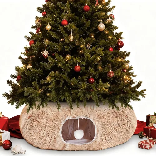 Vista 17 de Túnel de árbol de Navidad para gatos de 36 pulgadas, cama de dona, blanco