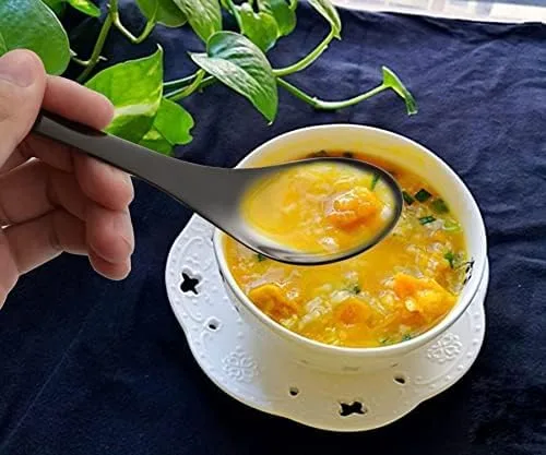 Vista 7 de Juego de 6 cucharas de mesa redondas de acero inoxidable con espejo pulido de plata para ramen