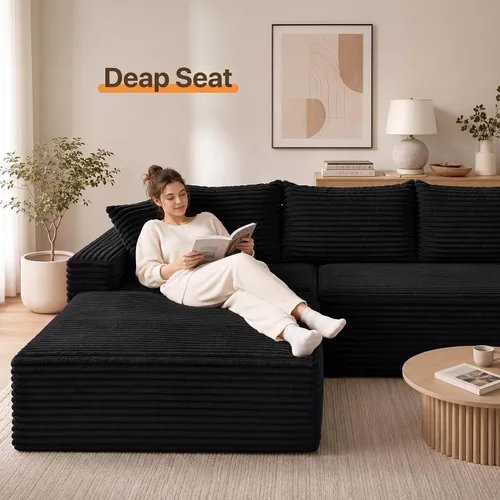 Vista 2 de Claiks Sofá modular de pana de 104 pulgadas sin hueso, asiento profundo de sofá modular de pana, no requiere montaje, color negro
