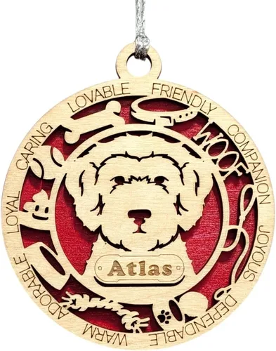 Vista 13 de Adorno de Navidad personalizado para perro Cavalier King Charles Spaniel, redondo de 3 pulgadas, madera cortada con láser de 2 capas, nombre y texto