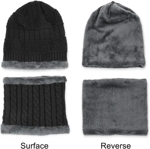 Vista 4 de Conjunto de gorro de punto de invierno, calentador de cuello, guantes, con forro de lana, gorro de calavera, bufandas infinitas, manoplas táctiles