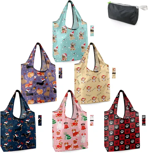 Vista 9 de BeeGreen Bolsas de comestibles reutilizables de Navidad con bolsa de almacenamiento con cremallera, paquete de 10 bolsas de compras reutilizables a