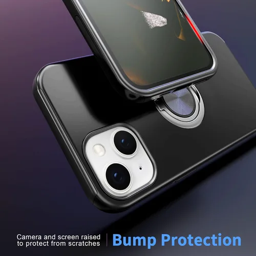 Vista 4 de Funda compatible con iPhone 15 con protector de pantalla de vidrio templado, resistente funda protectora delgada 2 en 1 con soporte de anillo Negro