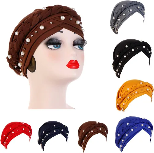 Vista 2 de Fxhixiy Hijab - Gorro de turbante con perlas para mujer, bufanda para la cabeza, gorro de quimioterapia, bandana