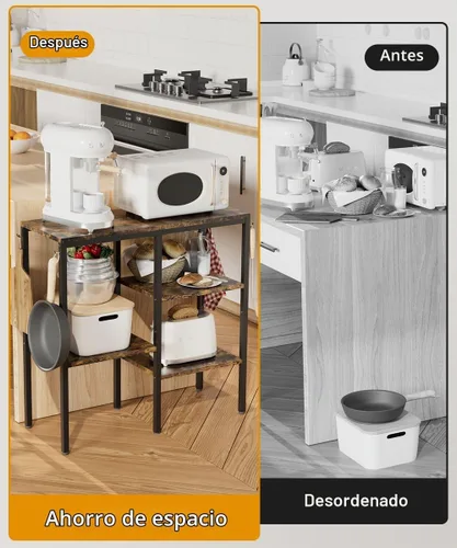 Vista 4 de Soporte de horno microondas de 4 niveles, estación de café ajustable para electrodomésticos pequeños, estante para panadería con 4 ganchos y 7