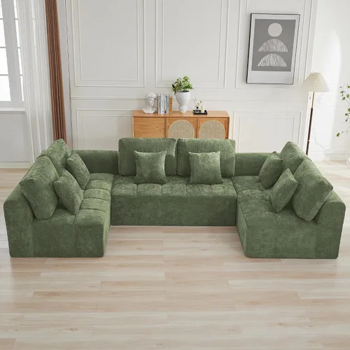 Vista 58 de Sofás seccionales modulares de 110 pulgadas para sala de estar, sofá seccional comprimido sin hueso, sofá de espuma viscoelástica tapizado de 3 Beige