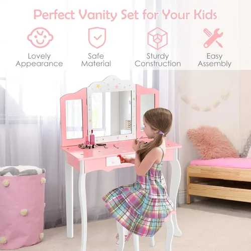 Vista 8 de HONEY JOY Juego de tocador para niños, mesa de maquillaje de madera estilo princesa con taburete y cajón, espejo de triple plegado, parte superior