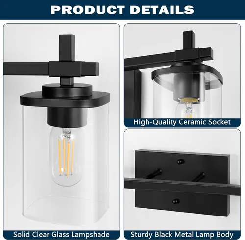 Vista 3 de 2 luces de tocador de baño, accesorios de luz de tocador negro mate sobre espejo, apliques de pared modernos con pantalla de vidrio transparente