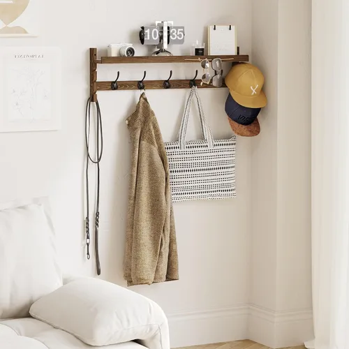Vista 2 de AMBIRD Ganchos de pared con estante de 73.4 cm Entrada de pared con estante, ganchos para abrigos de madera, perchero de pared con estante