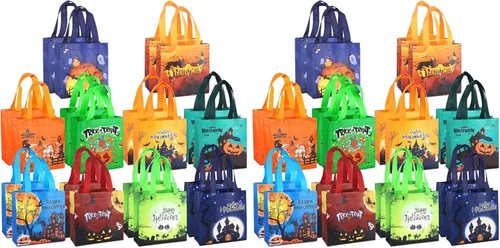 Vista 7 de PARSUP 20 bolsas de Halloween para dulce o truco, no tejidas grandes bolsas de regalo con asas para envolver regalos, suministros de fiesta, 7.9 x