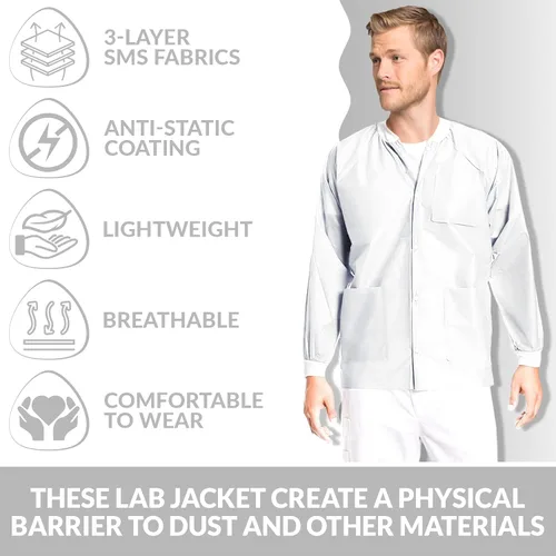 Vista 60 de Paquete de 10 chaquetas desechables de laboratorio, chaqueta médica reutilizable hasta la cadera, unisex, con puños de punto y bolsillos